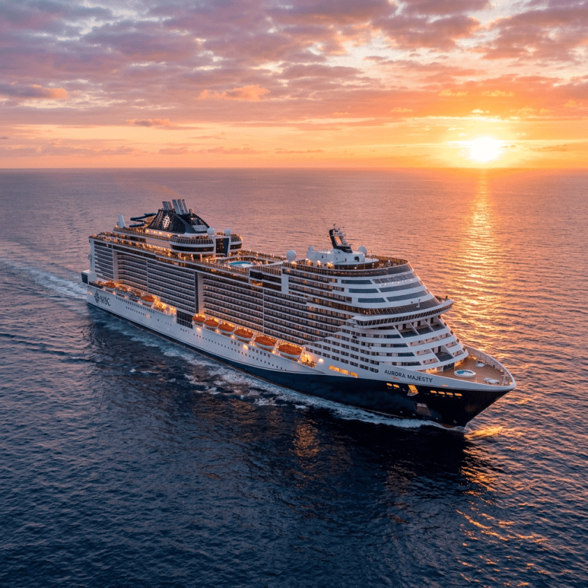 Luxury cruise ship Aurora Majesty sailing on ocean during sunset